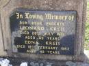 parents; Leonard KREIS, died 28 July 1951 aged 40 years; Edna KREIS, died 18 Feb 1963 aged 48 years; Helidon General cemetery, Gatton Shire 