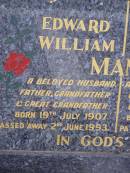 Edward William MANZ, husband father grandfather great-grandfather, born 19 July 1907 died 2 June 1993; Edna Mary MANZ, mother grandmother great-grandmother, born 14 August 1917 died 16 July 2000; Helidon General cemetery, Gatton Shire 