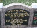 Victor Leslie HEDGES, husband father, died 1 Oct 1980 aged 71 years; Annie Elsie HEDGES, died 20 April 1990 aged 77 years; Helidon General cemetery, Gatton Shire 