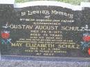 Gustav August SCHULZ, husband father grandfather, died 24-8-1977 aged 75 years; May Elizabeth SCHULZ, wife mother mother-in-law grandmother great-grandmother, died 23-3-1984 aged 76 years 11 months; Helidon General cemetery, Gatton Shire 