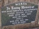 parents grandparents; Annie Maude Oliver WERTH died 26 Nov 1969 aged 58 year; Percy WERTH, died 6 Apr 1981 aged 78 years; Helidon General cemetery, Gatton Shire 