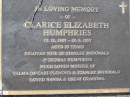 
Clarice Elizabeth HUMPHRIES,
10-11-1907 - 19-6-1997 aged 89 years,
wife of Stanley MDCDONALD & Thomas HUMPHRIES,
mother of
Valma (MCCART-PLEMING) & Stanley MCDONALD,
nanna great-grandma;
Helidon General cemetery, Gatton Shire
