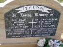 
Hepsy Mary TYSON,
mother nanna,
born Toowoomba QLD 5 Feb 1913,
died 2 March 2005;
Tom Beaumont TYSON,
husband father poppa,
born Sheffield England 30 July 1908
died 17 May 1990;
Helidon General cemetery, Gatton Shire
