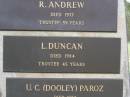 
Helidon Cemetery Trustees memorial;
A. TIGHE, trustee 38 years;
R. ANDREW, died 1977, trustee 39 years;
L. DUNCAN, died 1984, trustee 45 years;
U.C. (Dooley) PAROZ, died 1987, trustee 31 years;
C. GREER, died 1987, trustee 40 years;
W.A. BATEMAN, died 1989, trustee 33 years;
B.A. HAWLEY, died 1990, trustee 13 years;
Helidon General cemetery, Gatton Shire
