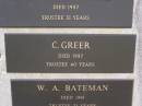 
Helidon Cemetery Trustees memorial;
A. TIGHE, trustee 38 years;
R. ANDREW, died 1977, trustee 39 years;
L. DUNCAN, died 1984, trustee 45 years;
U.C. (Dooley) PAROZ, died 1987, trustee 31 years;
C. GREER, died 1987, trustee 40 years;
W.A. BATEMAN, died 1989, trustee 33 years;
B.A. HAWLEY, died 1990, trustee 13 years;
Helidon General cemetery, Gatton Shire
