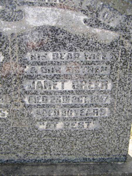 John GREER,  | husband father,  | died 7 Dec 1941 aged 82 years;  | Janet GREER,  | wife mother,  | died 26? Oct 1947 aged 80 years;  | Helidon General cemetery, Gatton Shire  | 