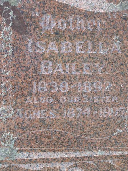Robert BAILEY,  | father,  | 1838 - 1924;  | Isabella BAILEY,  | mother,  | 1838 - 1892;  | Agnes,  | sister,  | 1874 - 1895;  | Helidon General cemetery, Gatton Shire  | 