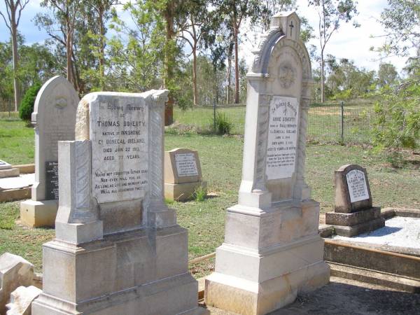 Thomas DOHERTY,  | native of Innishone Co Donegal Ireland,  | died 22 Jan 1913 aged 77 years,  | father;  | Annie DOHERTY,  | born Ballydermoth Co Donegal Ireland 2 June 1840,  | died 5 April 1915 aged 75 years 10 months,  | mother;  | Helidon General cemetery, Gatton Shire  | 