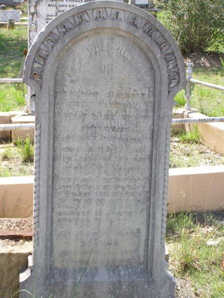 Edward ARTHUR  | husband of Margaret Jane ARTHUR,  | native of Montgomery,  | S.... Wall ....,  | died 25 August 1909 aged 52 years;  | Margaret Jane ARTHUR  | died Apr 1930 aged 69 years;  | Helidon General cemetery, Gatton Shire  | 