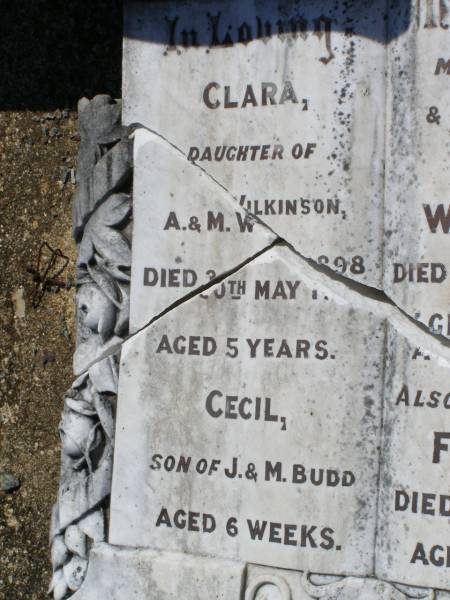 Clara,  | daughter of A. & M. WILKINSON,  | died 30 May 1898;  | Cecil,  | son of J. & M. BUDD,  | aged 6 weeks;  | Bertha WILKINSON,  | wife mother,  | died 28 July 1937 aged 66 years;  | Florence, daughter,  | died 16 Jan 1899 aged 5 years;  | Helidon General cemetery, Gatton Shire  | 