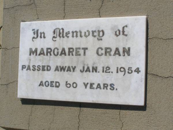 Margaret CRAN,  | died 12 Jan 1954 aged 60 years;  | Helidon General cemetery, Gatton Shire  | 