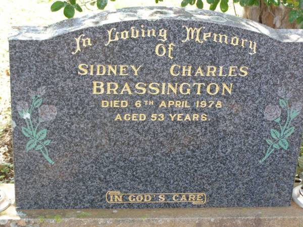 Sidney Charles BRASSINGTON,  | died 6 April 1978 aged 53 years;  | Helidon General cemetery, Gatton Shire  | 