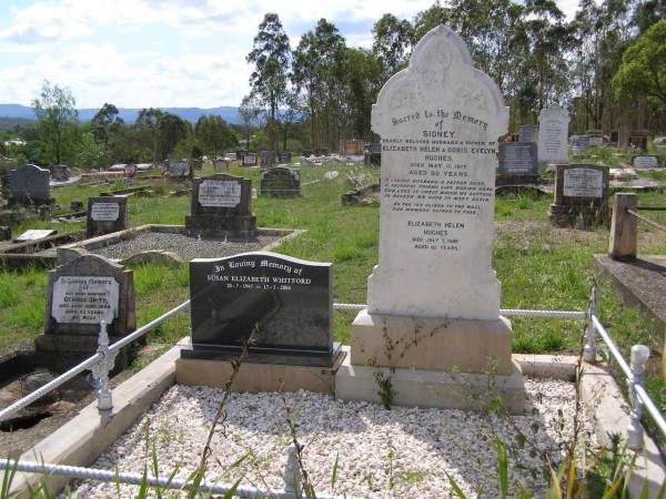 Sidney,  | husband & father of Elizabeth Helen &  | Doris Evelyn HUGHES,  | died 11 May 1917 aged 30 years;  | Elizbeth Helen HUGHES,  | died 7 July 1986 aged 92 years;  | Susan Elizabeth WHITFORD,  | 20-7-1947 - 17-1-2004;  | Helidon General cemetery, Gatton Shire  | 