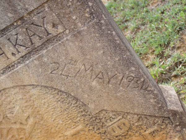 Elizabeth KAY,  | died 24 May 1934;  | Helidon General cemetery, Gatton Shire  | 