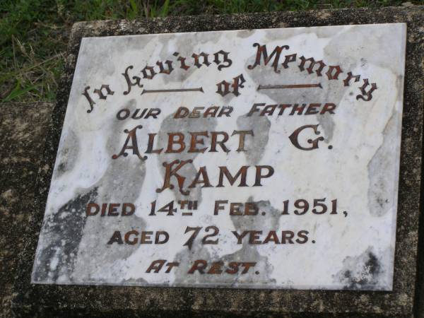 Albert G. KAMP,  | father,  | died 14 Feb 1951 aged 72 years;  | Helidon General cemetery, Gatton Shire  | 