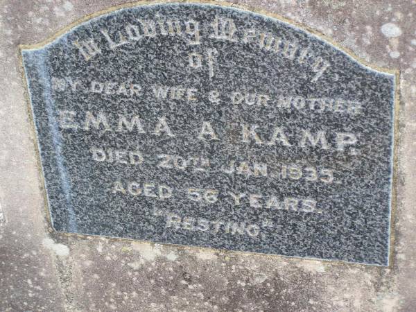 Emma A. KAMP,  | wife mother,  | died 20 Jan 1935 aged 56 years;  | Helidon General cemetery, Gatton Shire  | 
