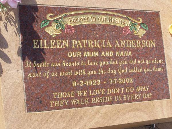 Eileen Patricia ANDERSON,  | mum nana,  | 9-3-1923 - 7-7-2002;  | Helidon General cemetery, Gatton Shire  | 