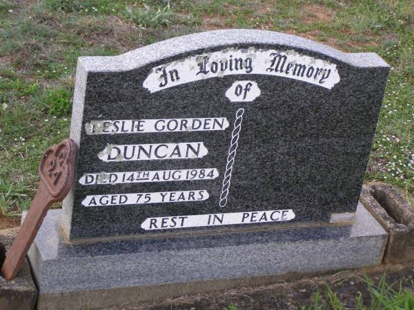 Leslie Gorden DUNCAN,  | died 14 Aug 1984 aged 75 years;  | Helidon General cemetery, Gatton Shire  | 