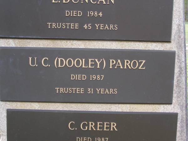 Helidon Cemetery Trustees memorial;  | A. TIGHE, trustee 38 years;  | R. ANDREW, died 1977, trustee 39 years;  | L. DUNCAN, died 1984, trustee 45 years;  | U.C. (Dooley) PAROZ, died 1987, trustee 31 years;  | C. GREER, died 1987, trustee 40 years;  | W.A. BATEMAN, died 1989, trustee 33 years;  | B.A. HAWLEY, died 1990, trustee 13 years;  | Helidon General cemetery, Gatton Shire  | 