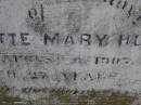 
Charlotte Mary HULL,
died 3 Aug 1907 aged 27 years;
Charlotte Williams,
died 9 July 1911 aged 67? years;
Arthur Harris WARD,
died 16 Oct 1896 aged 21 years;
David WARD,
died 17 Aug 1882 aged 43 years;
Highfields Baptist cemetery, Crows Nest Shire

