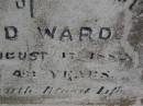 
Charlotte Mary HULL,
died 3 Aug 1907 aged 27 years;
Charlotte Williams,
died 9 July 1911 aged 67? years;
Arthur Harris WARD,
died 16 Oct 1896 aged 21 years;
David WARD,
died 17 Aug 1882 aged 43 years;
Highfields Baptist cemetery, Crows Nest Shire

