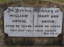 
William UNWIN,
aged 96 years;
Mary Ann UNWIN,
aged 90 years;
Highfields Baptist cemetery, Crows Nest Shire
