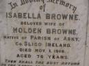 
Isabella BROWNE,
wife of Holden BROWNE,
native of Parish of Asky, County Sligo, Ireland,
died 1 Nov 1918 aged 76 years;
Holden BROWNE,
husband,
native of County Sligo, Ireland,
died 4 Jan 1925 aged 86 years;
Highfields Baptist cemetery, Crows Nest Shire
