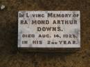 
Annie,
wife of Wm [William] LYONS,
mother,
died 5 July 1914;
William LYONS,
father,
died 14 Sept 1936;
Raymond Arthur DOWNS,
died 14 Aug 1925 in 2nd year;
Highfields Baptist cemetery, Crows Nest Shire
