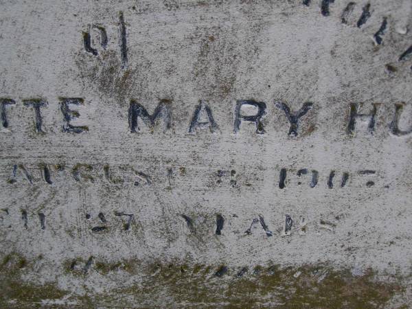 Charlotte Mary HULL,  | died 3 Aug 1907 aged 27 years;  | Charlotte Williams,  | died 9 July 1911 aged 67? years;  | Arthur Harris WARD,  | died 16 Oct 1896 aged 21 years;  | David WARD,  | died 17 Aug 1882 aged 43 years;  | Highfields Baptist cemetery, Crows Nest Shire  |   | 