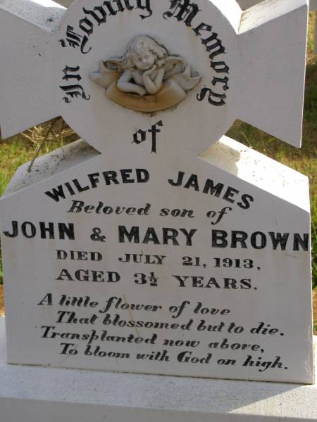 Wilfred James,  | son of John & Mary BROWN,  | died 21 July 1913 aged 3 1/2 years;  | William BROWNE,  | died Highfields 15? June 1926 aged 52 years,  | erected by brothers & sisters;  | Highfields Baptist cemetery, Crows Nest Shire  | 