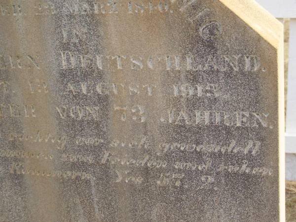 Mathilda HARTWIG,  | born 23 March 1840 Pommern Germany,  | died 13 Aug 1913 aged 73 years;  | Highfields Baptist cemetery, Crows Nest Shire  | 