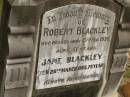 Robert BLACKLEY, died 13 Feb 1936 aged 51 years; Jane BLACKLEY, died 28 March 1965 aged 79 years; Howard cemetery, City of Hervey Bay 