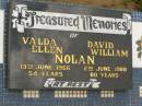 
Valda Ellen NOLAN,
died 13 June 1966 aged 54 years;
David William NOLAN,
died 2 June 1988 aged 80 years;
Howard cemetery, City of Hervey Bay
