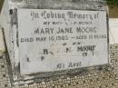 
Mary Jane MOORE,
wife mother,
died 16 May 1963 aged 61 years;
Abraham MOORE,
father,
died 22 Sept 1970 aged 71 years;
Abraham MOORE,
died 22-9-1970 aged 71 years;
Howard cemetery, City of Hervey Bay
