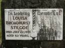 Louisa Broadhurst STILGOE, died 22 July 1955 aged 63 years; John Charles STILGOE, died 24 Nov 1970 aged 82 years; Howard cemetery, City of Hervey Bay 