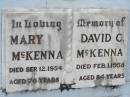 Mary MCKENNA, died 12 Sep 1954 aged 76 years; David C. MCKENNA, died 1 Feb 1958 aged 84 years; Howard cemetery, City of Hervey Bay 