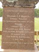 
William RANKIN,
father,
managing director Queensland Collieries Howard,
born Tollcross Scotland 23 April 1836,
died Corina Queensland 15 Oct 1917 aged 81 years;
Isabel H. ROSS,
youngest daughter,
died Brisbane 5 Aug 1938 aged 60 years;
William C.F. RANKIN,
youngest son of William & Jane RANKIN,
general manager Queensland Collieres Howard,
born Calston Ayrshire Scotland 22 Aug 1880,
died Howard Queensland 11 May 1919;
John A. RANKIN,
eldest son,
died Hpward 6 April 1930 aged 71 years;
Marion Anderson,
daughter,
died 6 July 1907 aged 45 years;
Mary E.A. ALLEN,
daughter,
died 22 March 1947 aged 73 years;
Robert Stuart RANKIN,
AIF 1914 - 1919,
general manager Queensland Collieries 1941 - 1946.
born Calson Scotland,
died Toolburra 9 Nov 1950 aged 75 years;
Jane Anderson,
wife of William RANKIN,
died 24 Jan 1912 aged 73 years;
Col. C.D.W. RANKIN V.D.,
20 years managing director Q.C.C. Howard,
died 2 No 1940 aged 71 years 10 months;
Howard cemetery, City of Hervey Bay
