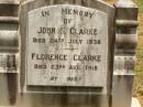 John S. CLARKE, died 24 July 1938; Florence CLARKE, died 23 Aug 1918; Howard cemetery, City of Hervey Bay 