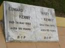Edward KENNY, died 24 May 1953 aged 69 years; Mary KENNY, died 3 Dec 1975 aged 85 years; Howard cemetery, City of Hervey Bay 