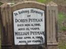 Doris PUTMAN, died 5 Nov 1916 aged 15 years; William PUTMAN, died 9 April 1928 aged 39 years; Walter, brother, died 20 April 1961 aged 74 years; Howard cemetery, City of Hervey Bay 