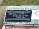 
Linda Glenys MATHISON,
baby daughter
died 1 Nov 1968 aged 2 days;
Howard cemetery, City of Hervey Bay
