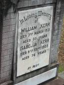 
William KERR,
died 3 March 1931 aged 85 years;
Isabella KERR,
died 9 Sept 1933 aged 76 years;
Howard cemetery, City of Hervey Bay
