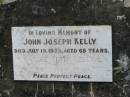 John Joseph KELLY, died 19 July 1923 aged 68 years; Alice Edith KELLY, died 19? May 1963 aged 85 years; Howard cemetery, City of Hervey Bay 