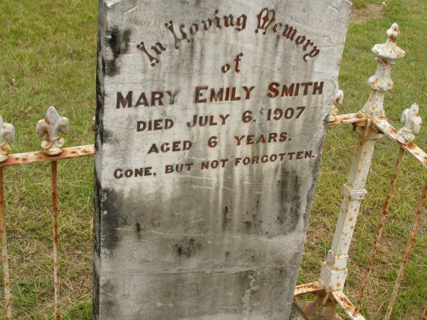 Mary Emily SMITH,  | died 6 July 1907 aged 6 years;  | Howard cemetery, City of Hervey Bay  | 