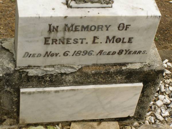 Ernest L. MOLE,  | died 6 Nov 1896 aged 8 years;  | Howard cemetery, City of Hervey Bay  | 