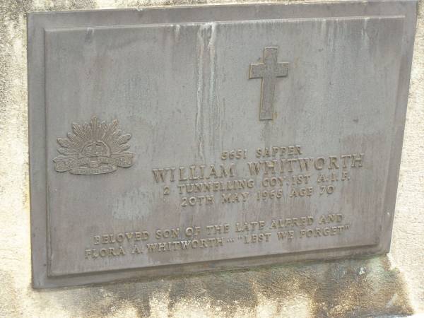 William WHITWORTH,  | died 20 May 1965 aged 70 years,  | son of the late Alfred & Flora A. WHITWORTH;  | Howard cemetery, City of Hervey Bay  | 