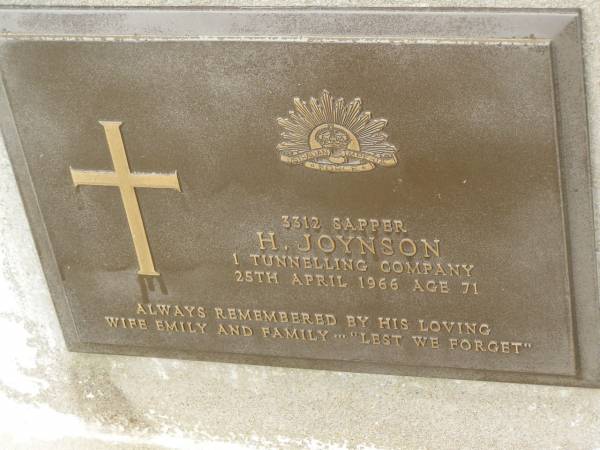 H. JOYNSON,  | died 25 April 1966 aged 71 years,  | remembered by wife Emily & family;  | Howard cemetery, City of Hervey Bay  | 
