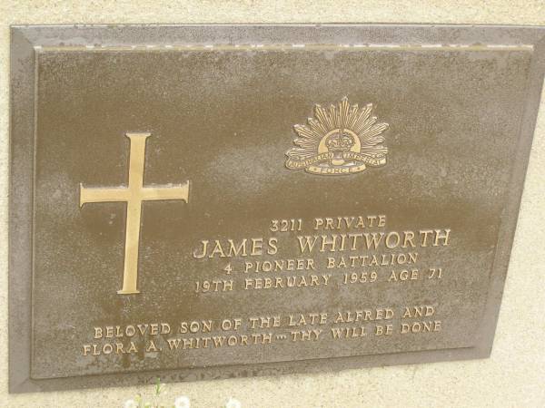 James WHITWORTH,  | died 19 Feb 1959 aged 71 years,  | son of late Alfred & Flora A. WHITWORTH;  | Howard cemetery, City of Hervey Bay  | 