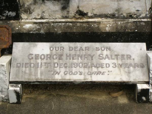 Elizabeth,  | wife,  | died 26 June 1942 aged 71 years;  | Thomas Jones SALTER,  | husband,  | died 27 Feb 1931 aged 66 years;  | George Henry SALTER,  | son,  | died 11 Dec 1902 aged 3 years;  | Howard cemetery, City of Hervey Bay  | 