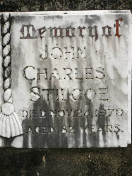 Louisa Broadhurst STILGOE,  | died 22 July 1955 aged 63 years;  | John Charles STILGOE,  | died 24 Nov 1970 aged 82 years;  | Howard cemetery, City of Hervey Bay  | 